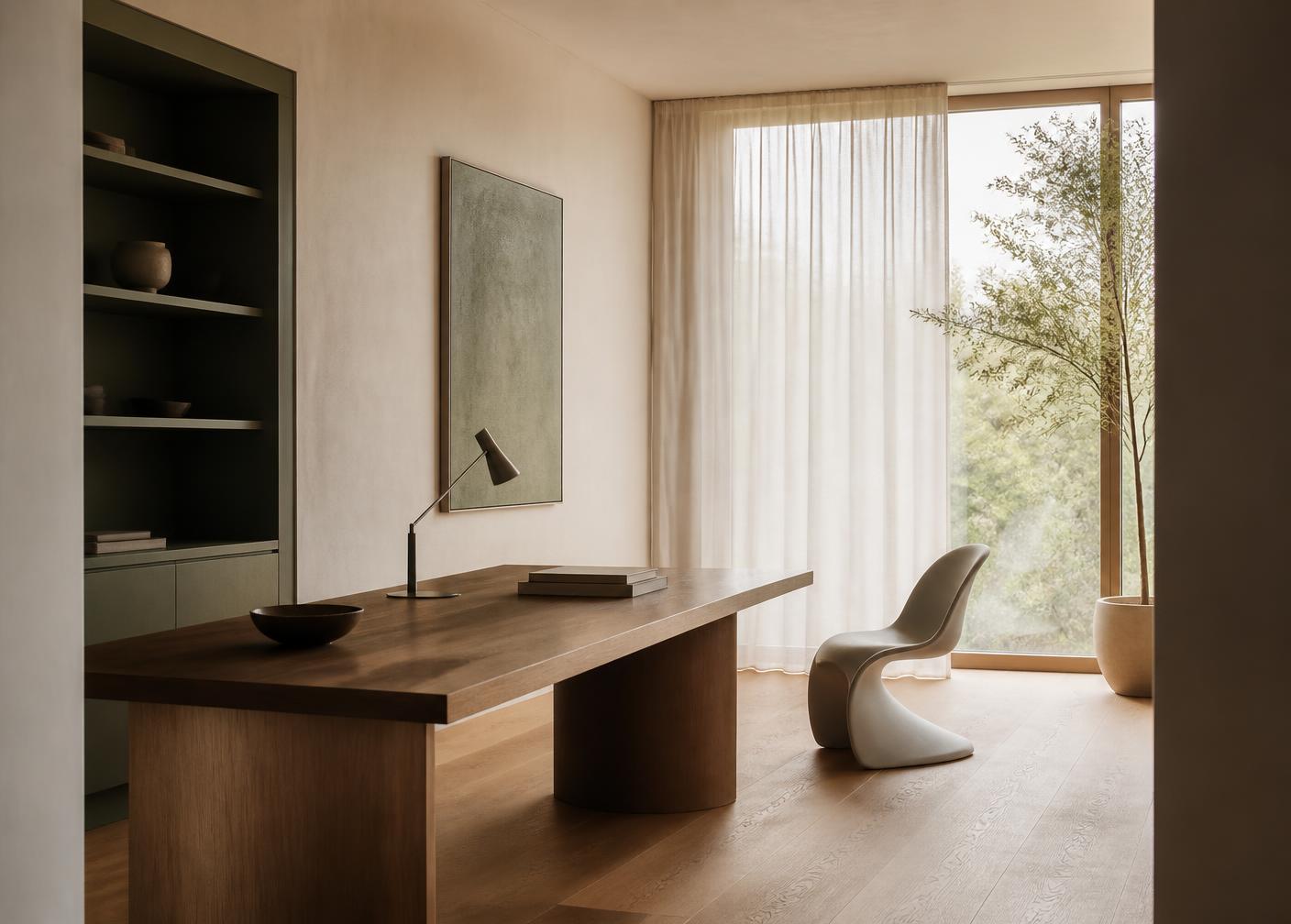 Quiet minimal office interior with sage green cabinetry and morning light