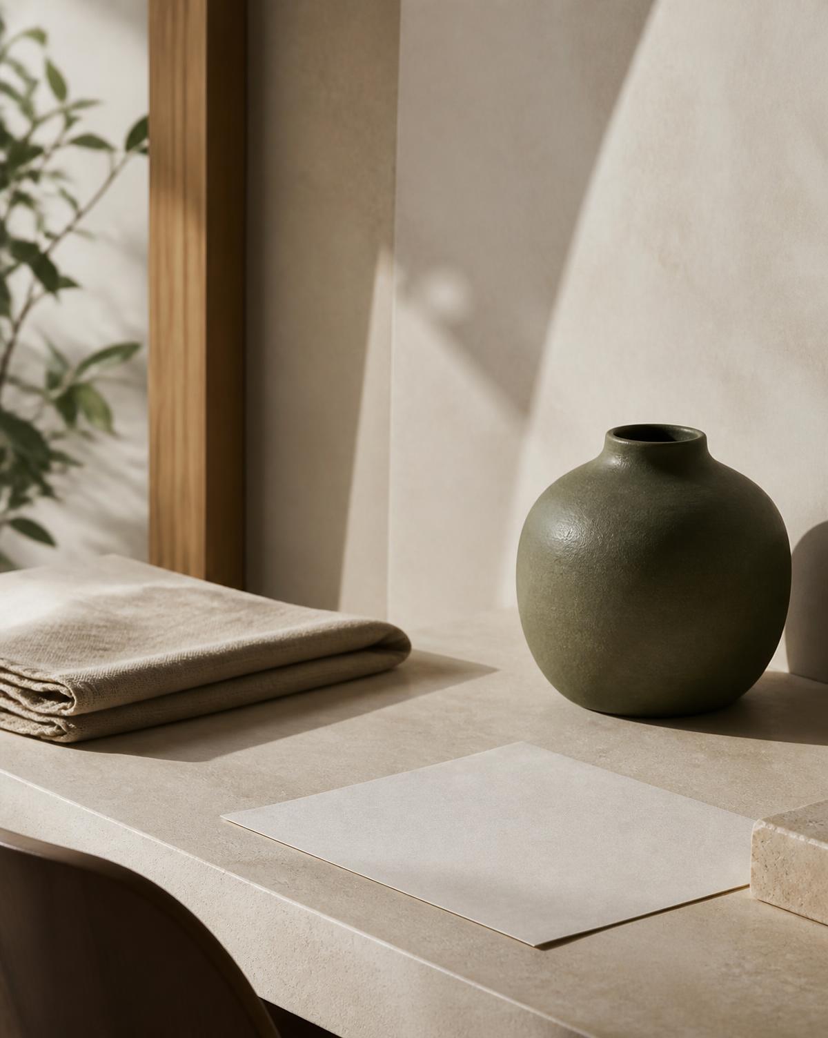 Muted still life of an olive ceramic vessel and folded linen on a limestone surface